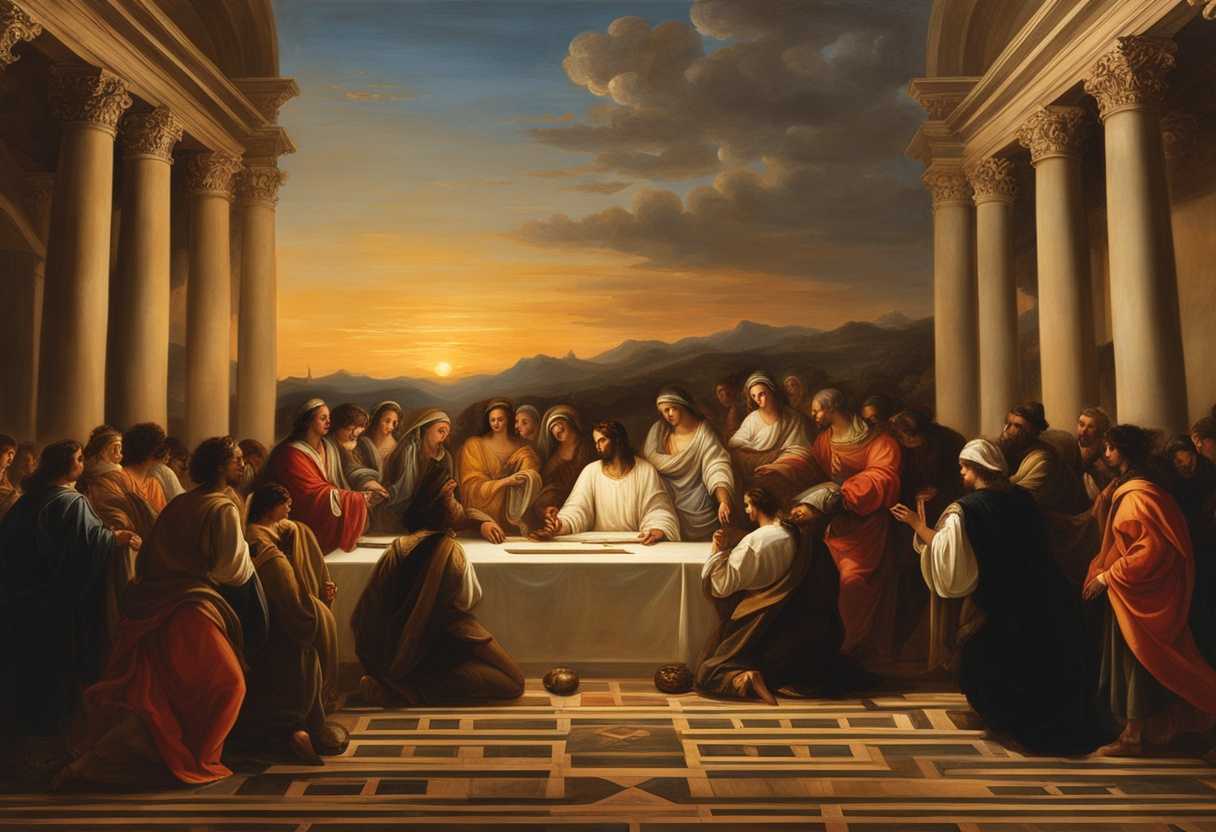 A-diverse-group-of-individuals-united-in-faith-building-a-sanctuary-at-sunset-with-devotion_tfij