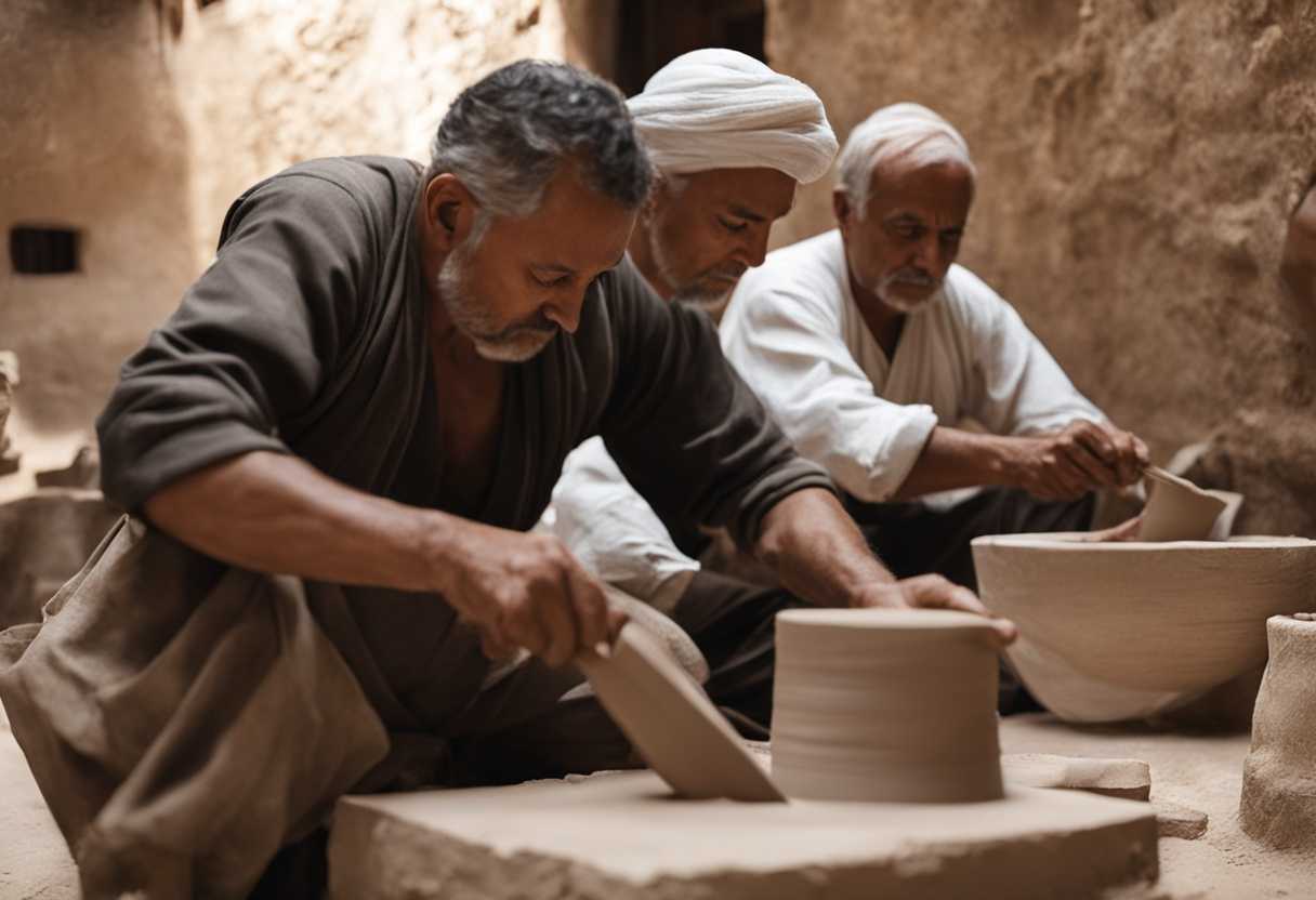 Artisans-in-Netaim-and-Gederah-sculpting-clay-in-a-serene-village-setting_irak