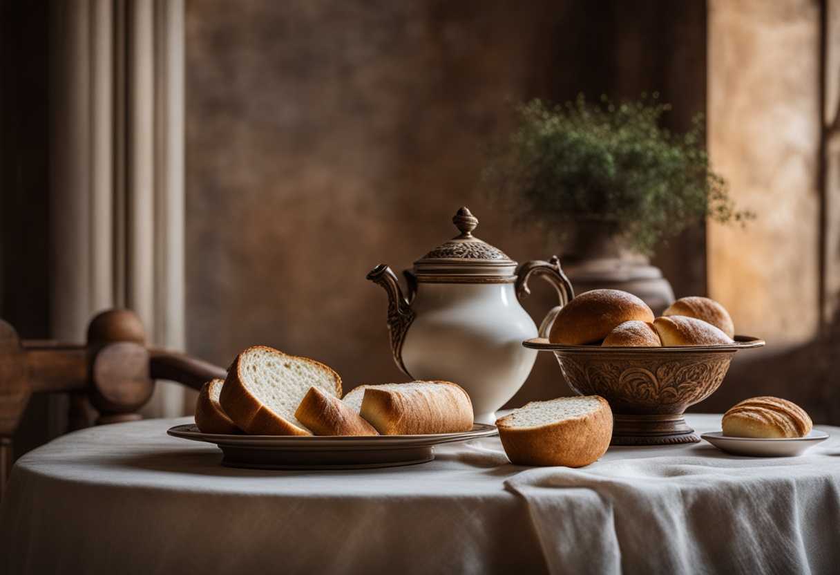 Rustic-table-set-with-bread-and-cup-bathed-in-soft-light-evoking-reverence-and-tranquility_oija