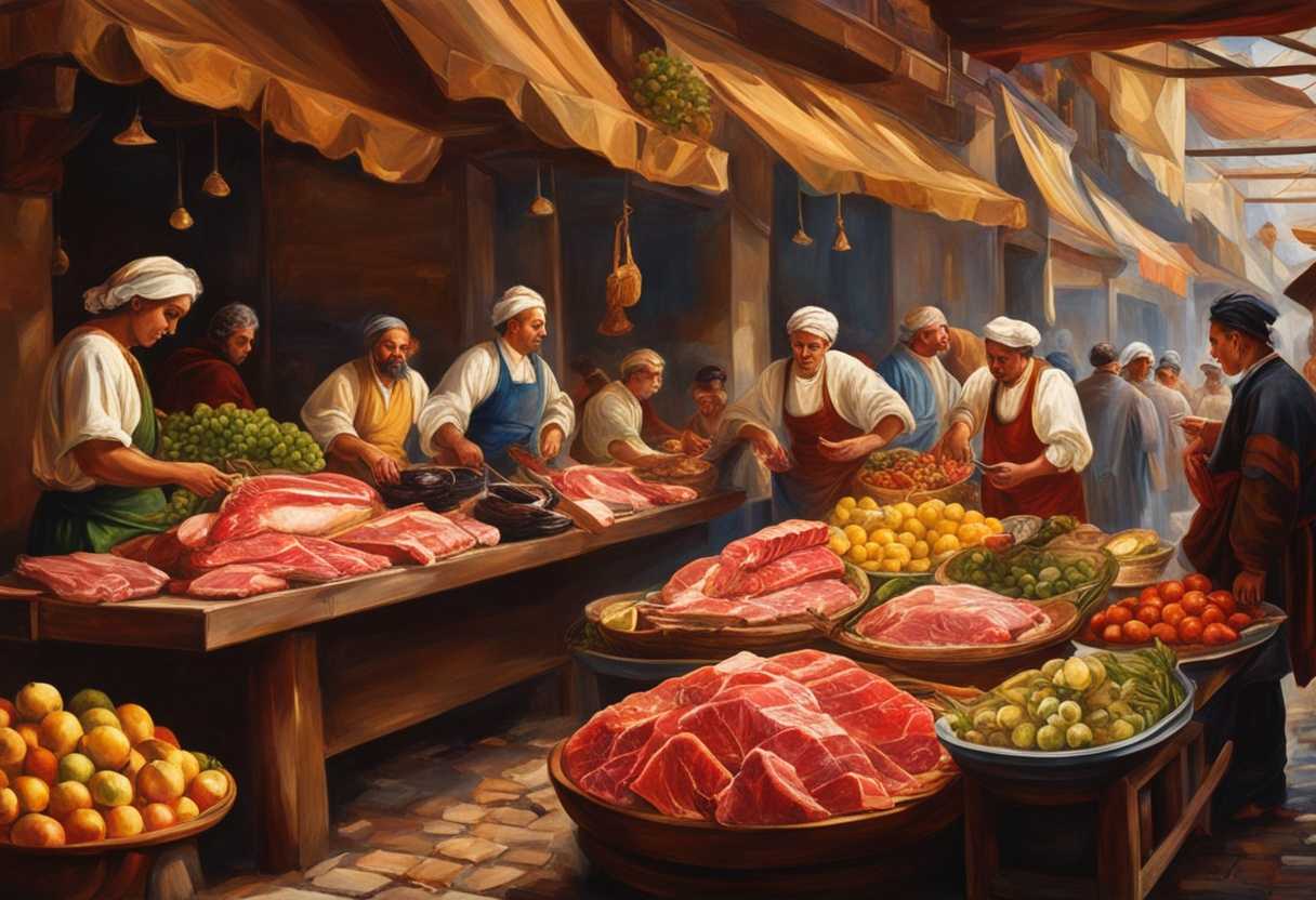 Vibrant-meat-market-scene-bustling-vendors-colorful-displays-diverse-customers-lively-energy_urue