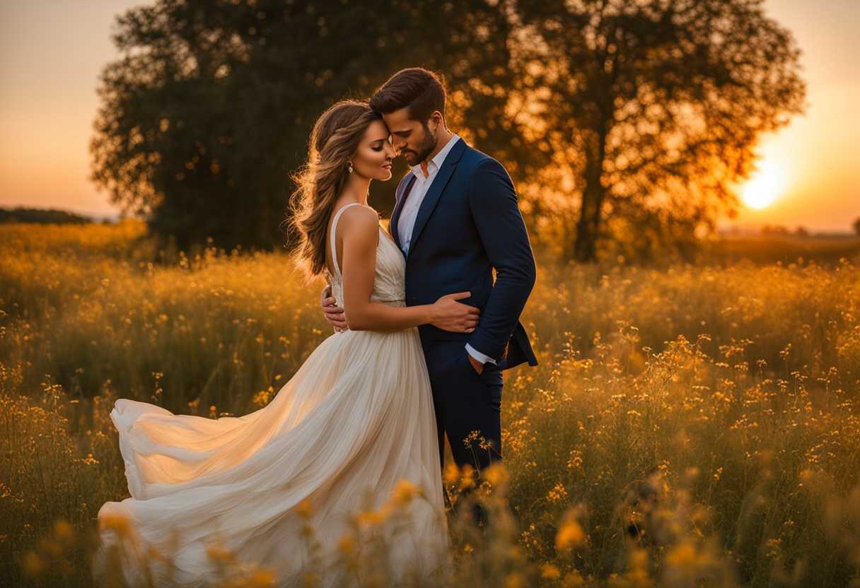 Couple-in-flowing-dresses-embrace-in-wildflower-field-at-sunset-surrounded-by-warm-golden-light_zctk