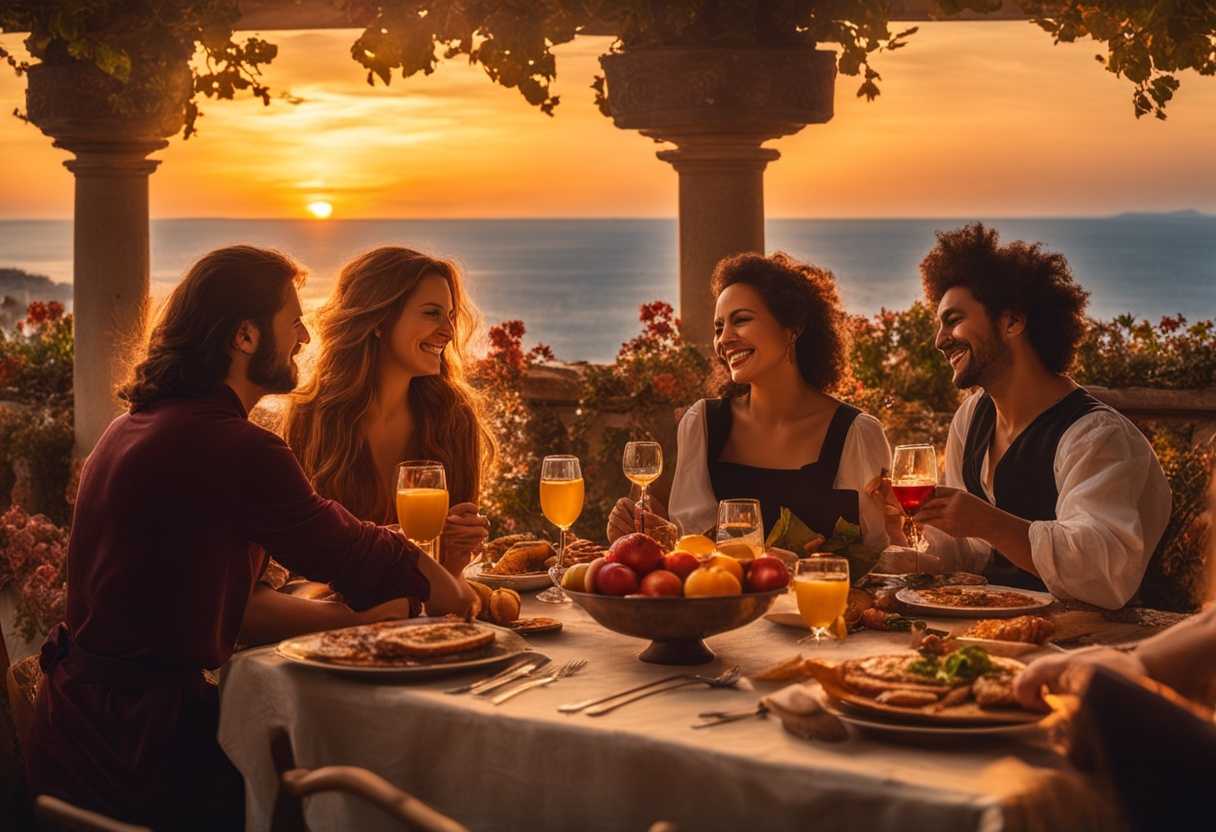 Friends-sharing-a-meal-at-sunset-laughter-toasts-and-genuine-connection-in-cozy-setting_hwfi