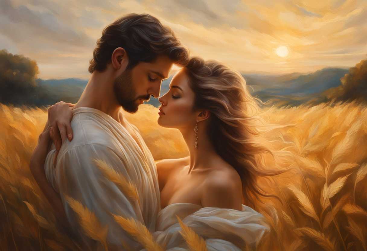 A-couple-embraces-in-a-golden-lit-field-their-love-radiating-in-a-dreamy-ethereal-moment_vvug