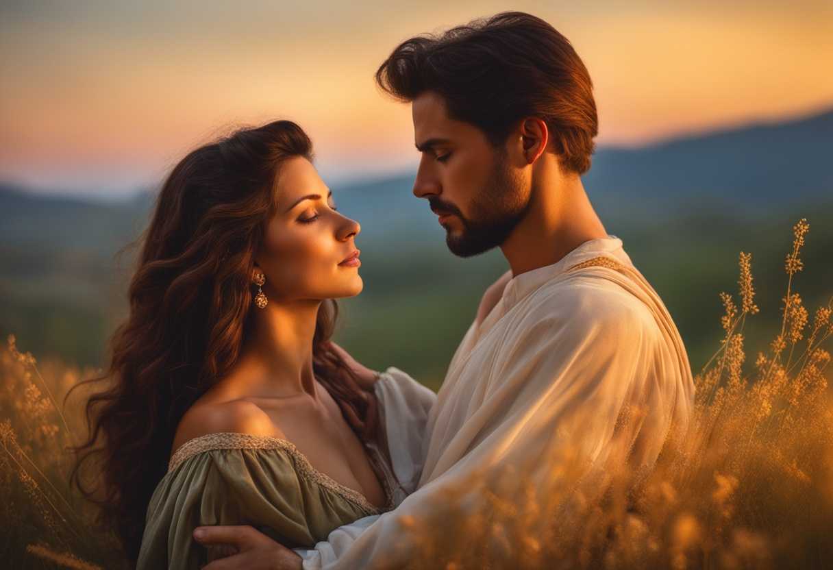 Couple-in-meadow-at-sunset-tenderly-embracing-gazing-lovingly-feeling-peaceful-and-connected_cgra