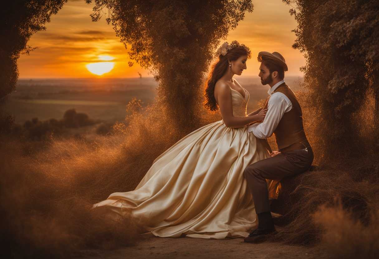 A-couple-in-love-embraces-under-a-golden-sunset-exuding-vintage-elegance-and-timeless-romance_kujp