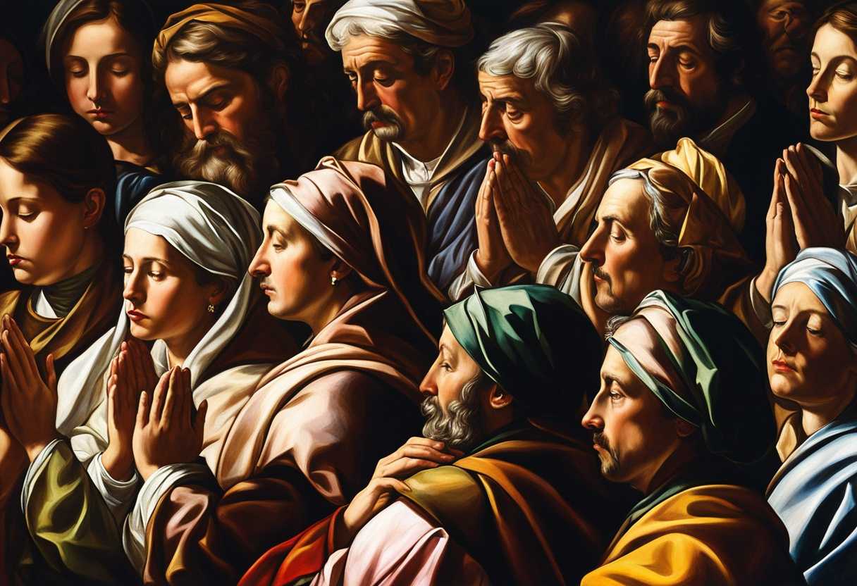 People-in-church-bathed-in-stained-glass-light-heads-bowed-in-prayer-hands-clasped-in-devotion_recb