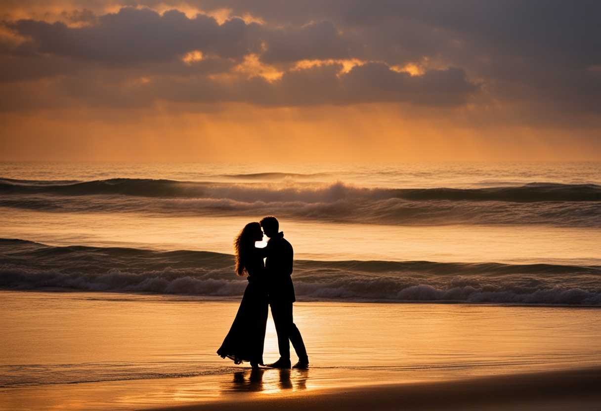 Romantic-couple-silhouetted-on-beach-at-sunset-embracing-in-warm-golden-light-waves-gently-lapping_qdbf