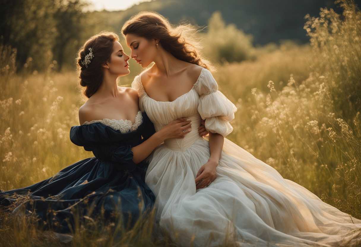 Romantic-couple-in-sunlit-meadow-flowing-dress-tender-gaze-timeless-love-natural-beauty_zwus