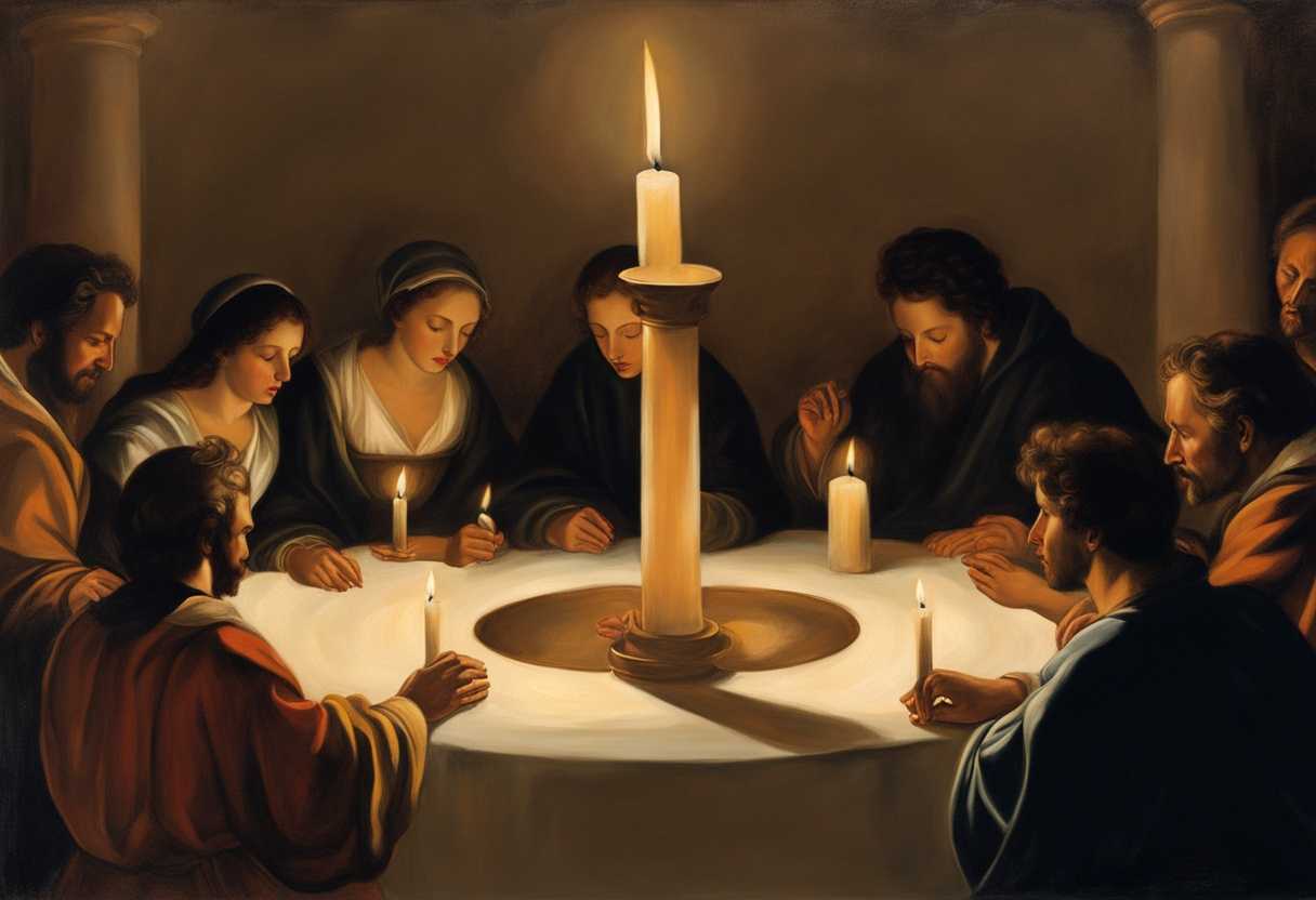 People-in-candlelit-circle-pray-heads-bowed-shadows-dancing-united-in-faith-and-hope_maxo