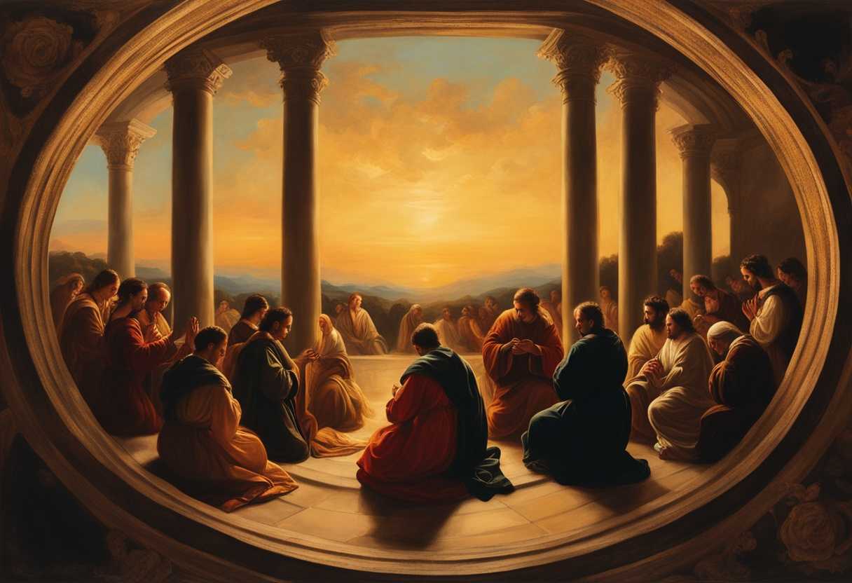 People-in-circle-praying-at-sunset-united-in-spirituality-creating-intimate-and-tranquil-atmosphe_xutp