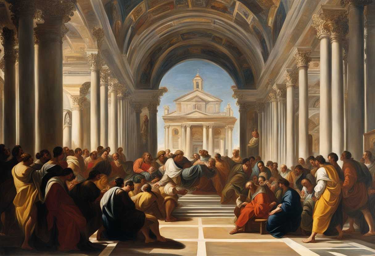 Believers-in-Corinth-gather-in-a-sunlit-church-discussing-faith-with-unity-and-hope_euio