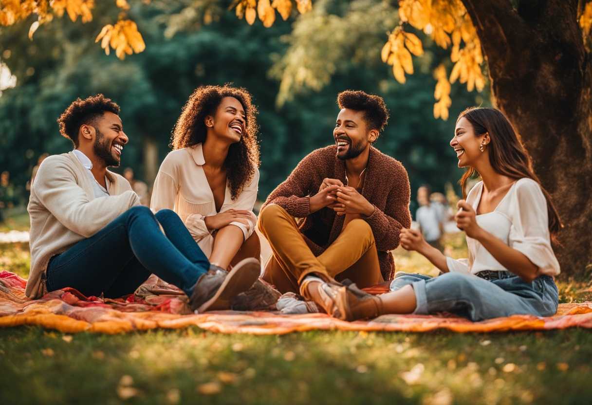Friends-laughing-in-a-colorful-park-capturing-warmth-energy-and-camaraderie-in-a-candid-moment_kpds