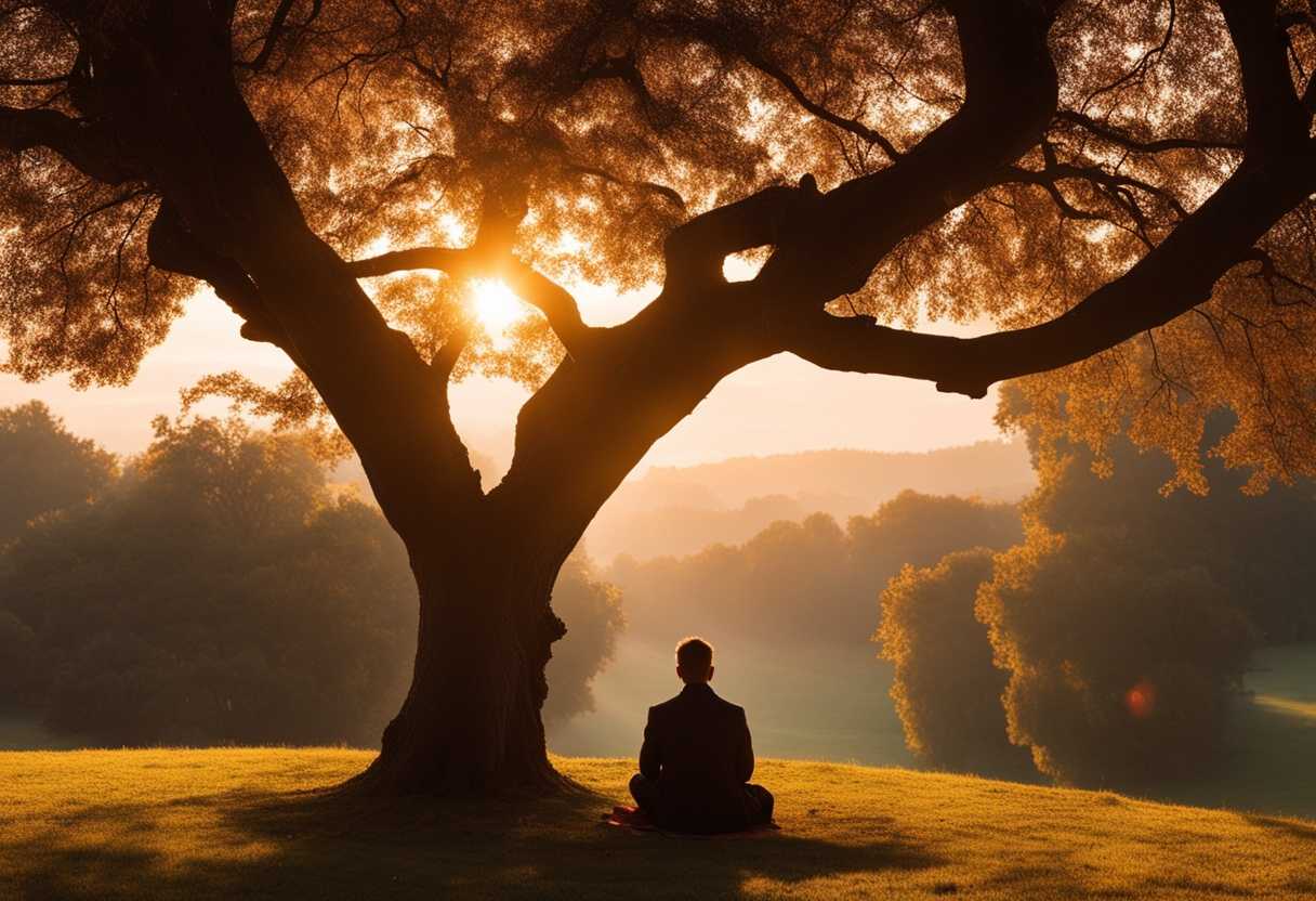 Individual-meditating-under-a-tree-at-sunset-surrounded-by-ethereal-light-and-nature's-embrace_ebry