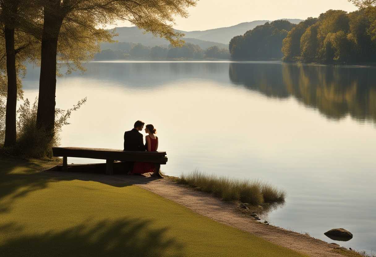 Couple-discussing-love-and-commitment-by-a-tranquil-lake-sharing-heartfelt-thoughts-openly_okht