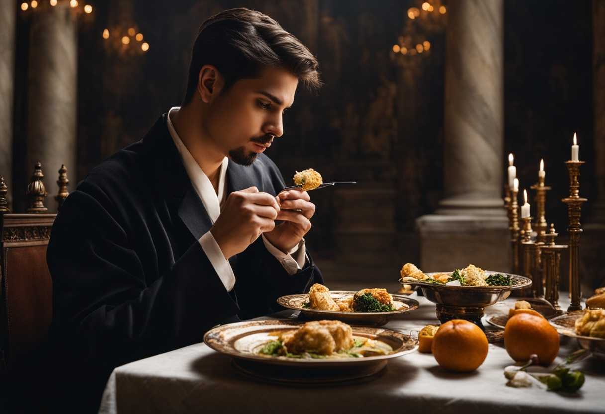 Confident-person-eating-in-temple-unsure-observer-tension-moral-dilemma-dramatic-lighting_btbk