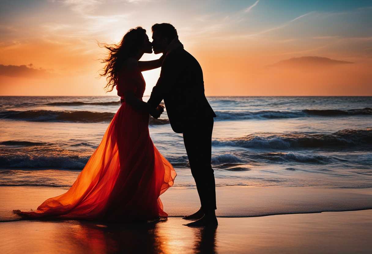 A-couple-embraces-on-a-beach-at-sunset-silhouetted-against-vibrant-hues-waves-gently-kissing-the-s_aqbi