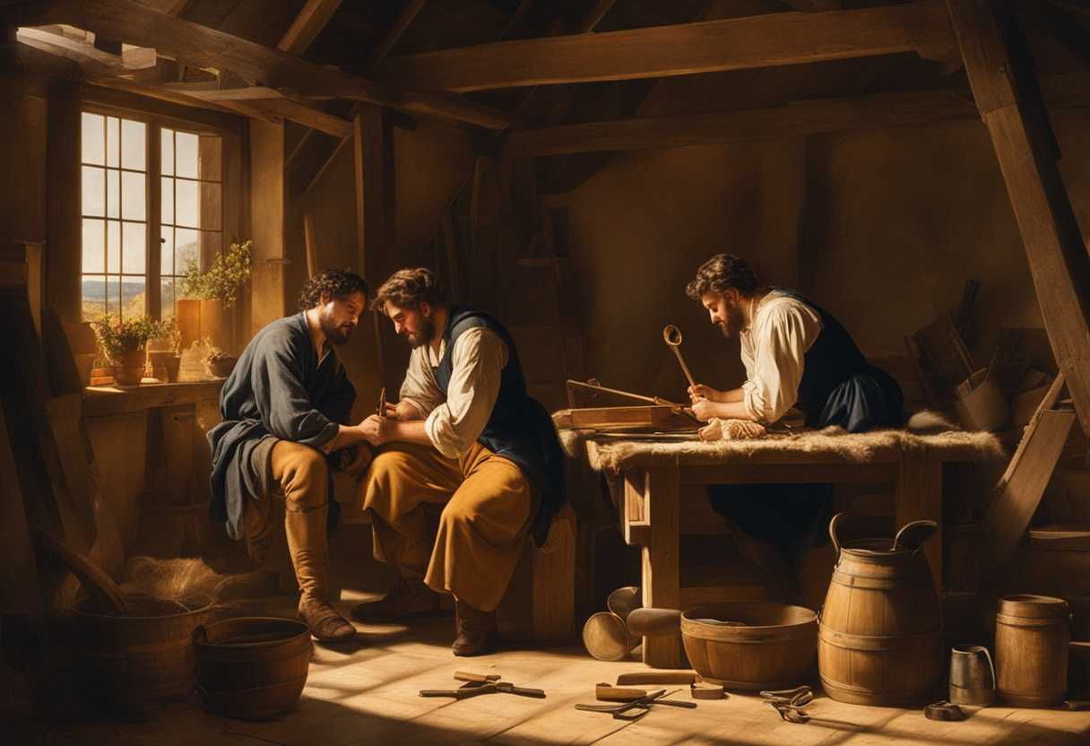 Two-friends-in-a-sunlit-barn-surrounded-by-tools-embodying-honest-labor-and-camaraderie_mijk