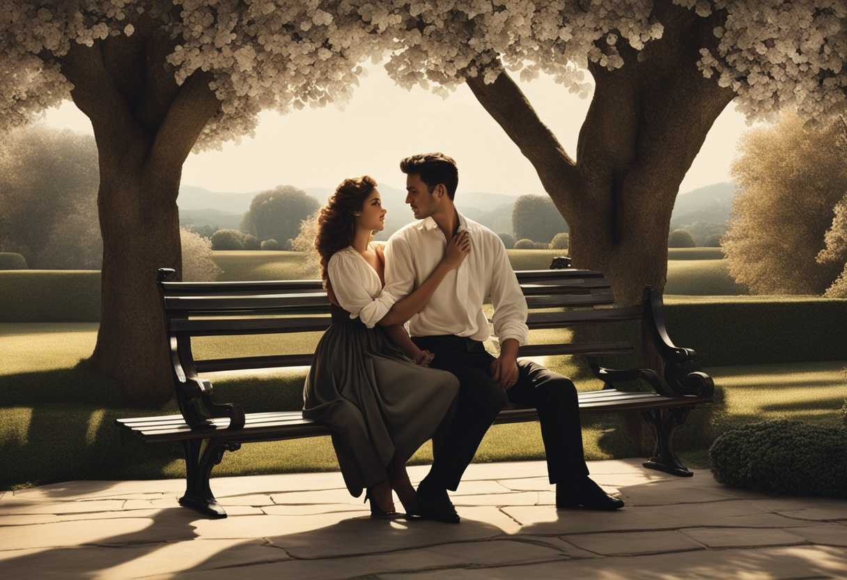 Couple-in-love-on-a-garden-bench-holding-hands-sharing-a-tender-moment-under-trees_huag