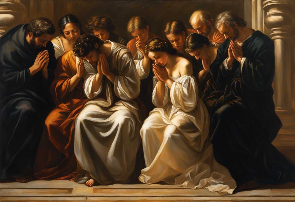 A-diverse-group-of-individuals-heads-bowed-in-prayer-hands-clasped-bathed-in-golden-light_cngj