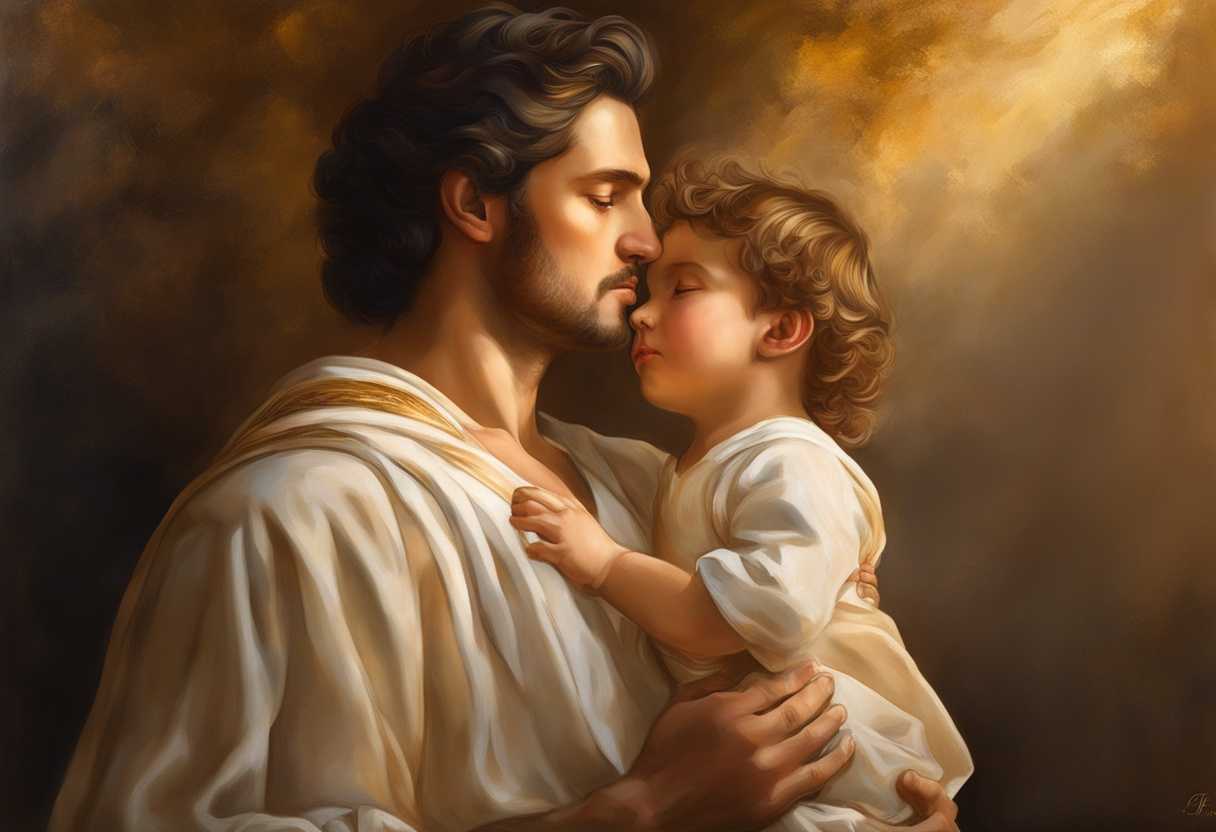 Father-and-son-share-a-tender-embrace-in-golden-light-embodying-pure-love-and-admiration_woto