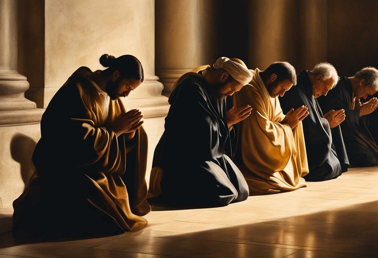 A-serene-scene-of-believers-in-quiet-prayer-heads-bowed-in-reverence-bathed-in-soft-light_ytez