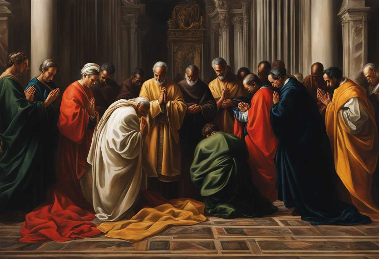 Diverse-congregation-in-traditional-attire-heads-bowed-in-unity-deep-in-prayer-and-faith_ahuy