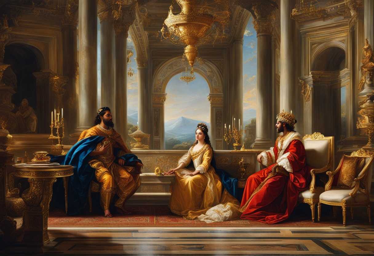 Queen-of-Sheba-and-King-Solomon-in-lavish-palace-exchanging-gifts-and-wisdom-Royal-attire-grandeur_bmud
