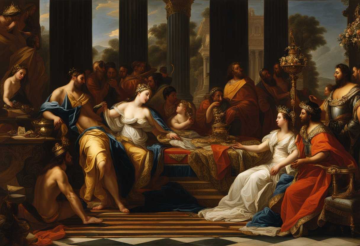 Queen-of-Sheba-offers-opulent-gifts-to-King-Solomon-exuding-regal-grace-and-grandeur_nkzh