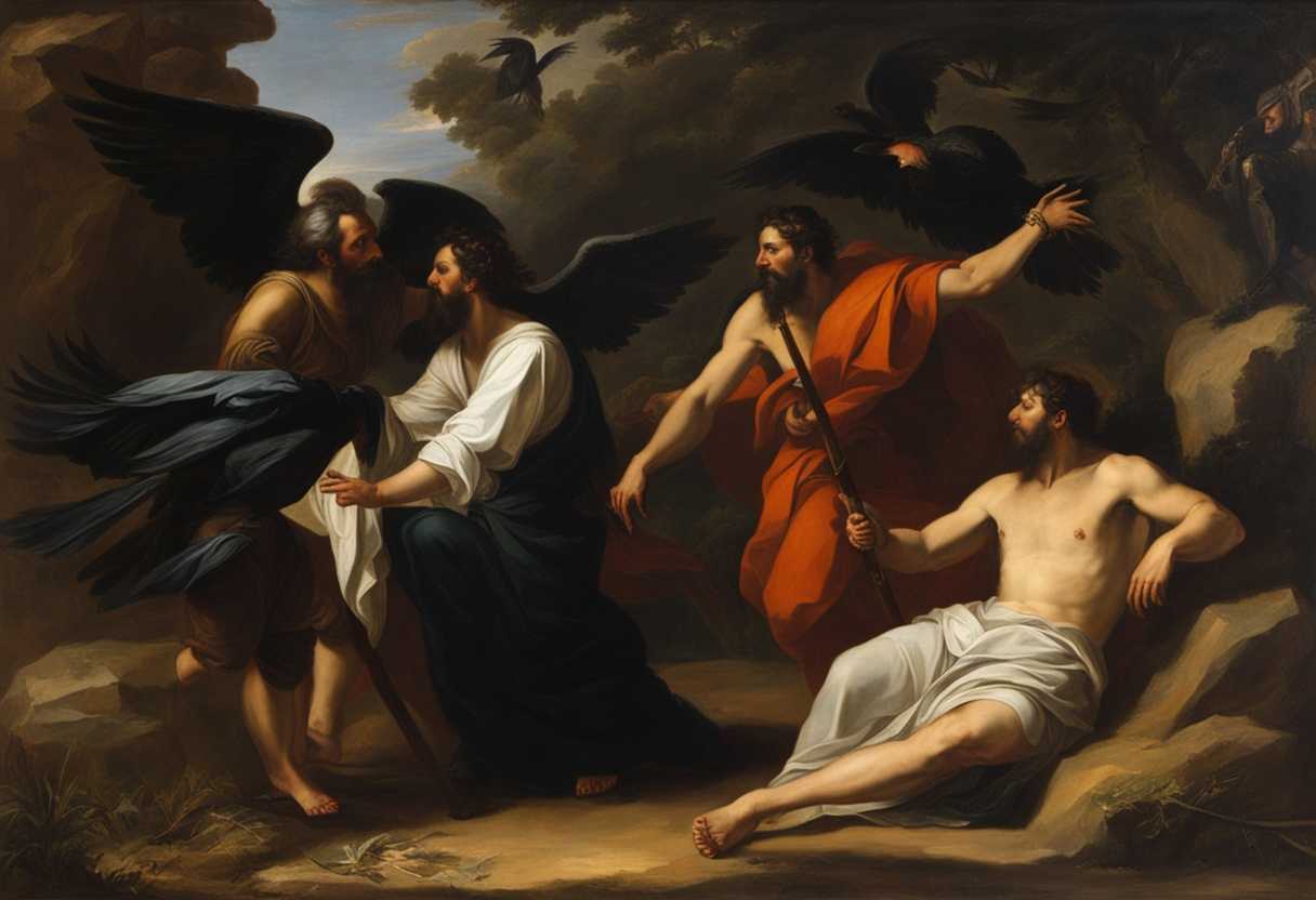 Prophet-Elijah-challenges-King-Ahab-aided-by-ravens-and-a-widow-in-rustic-setting_lqyi