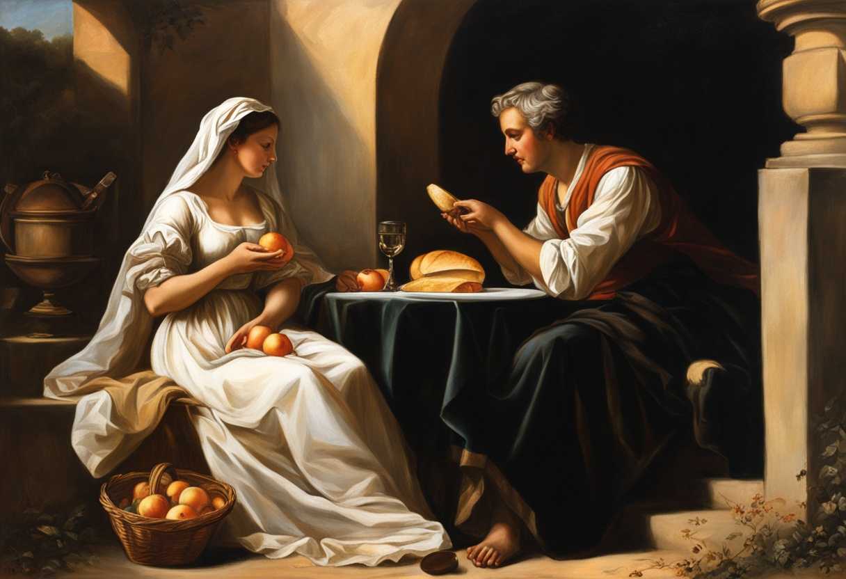 Widow-and-man-share-bread-at-sunset-embodying-trust-generosity-hope-determination-and-kindness_esre