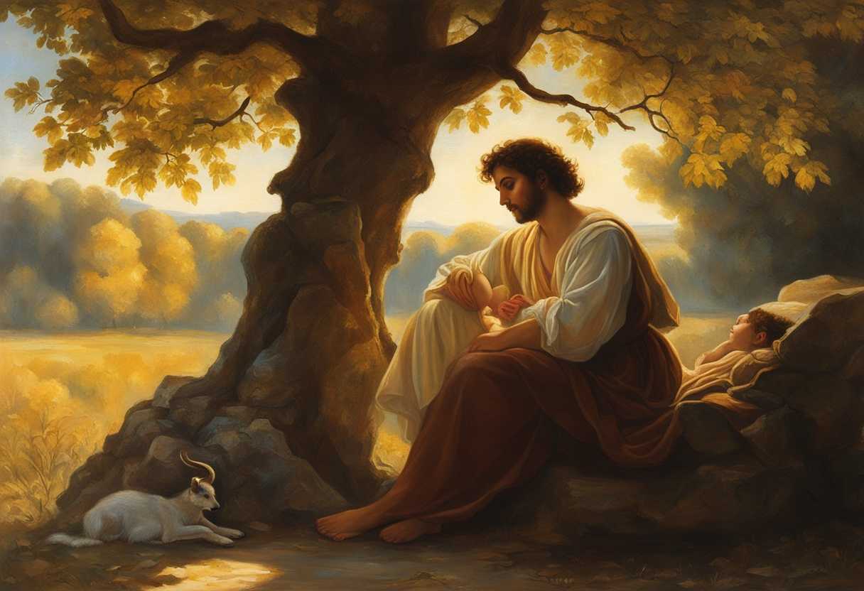 Man-and-angel-sit-under-tree-bathed-in-warm-sunlight-sharing-serene-moment_rkyz