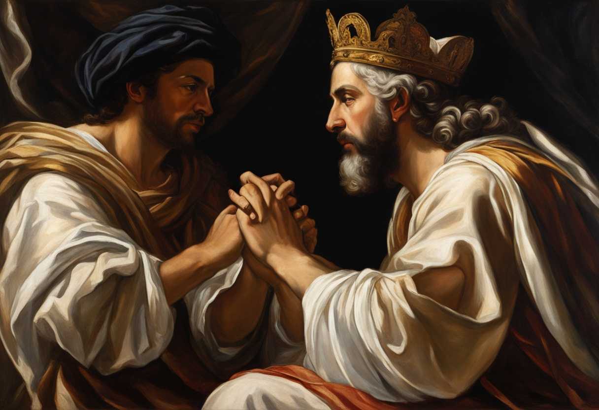 Tense-negotiation-between-King-of-Israel-and-Ben-hadad-sackcloth-ropes-contemplative-expressions_jqld