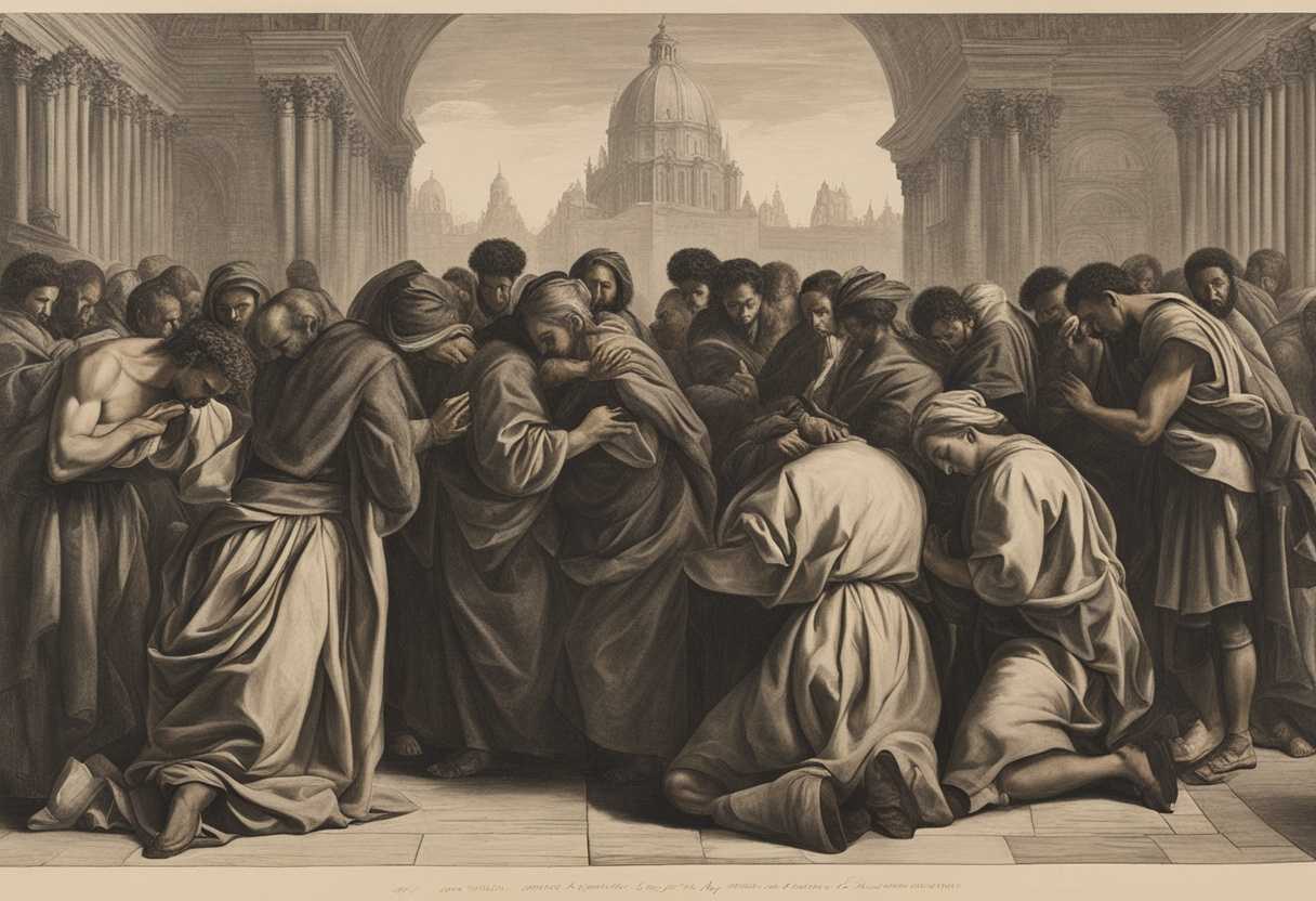 A-diverse-group-prays-in-unity-heads-bowed-hands-clasped-facing-a-sacred-city_kpis