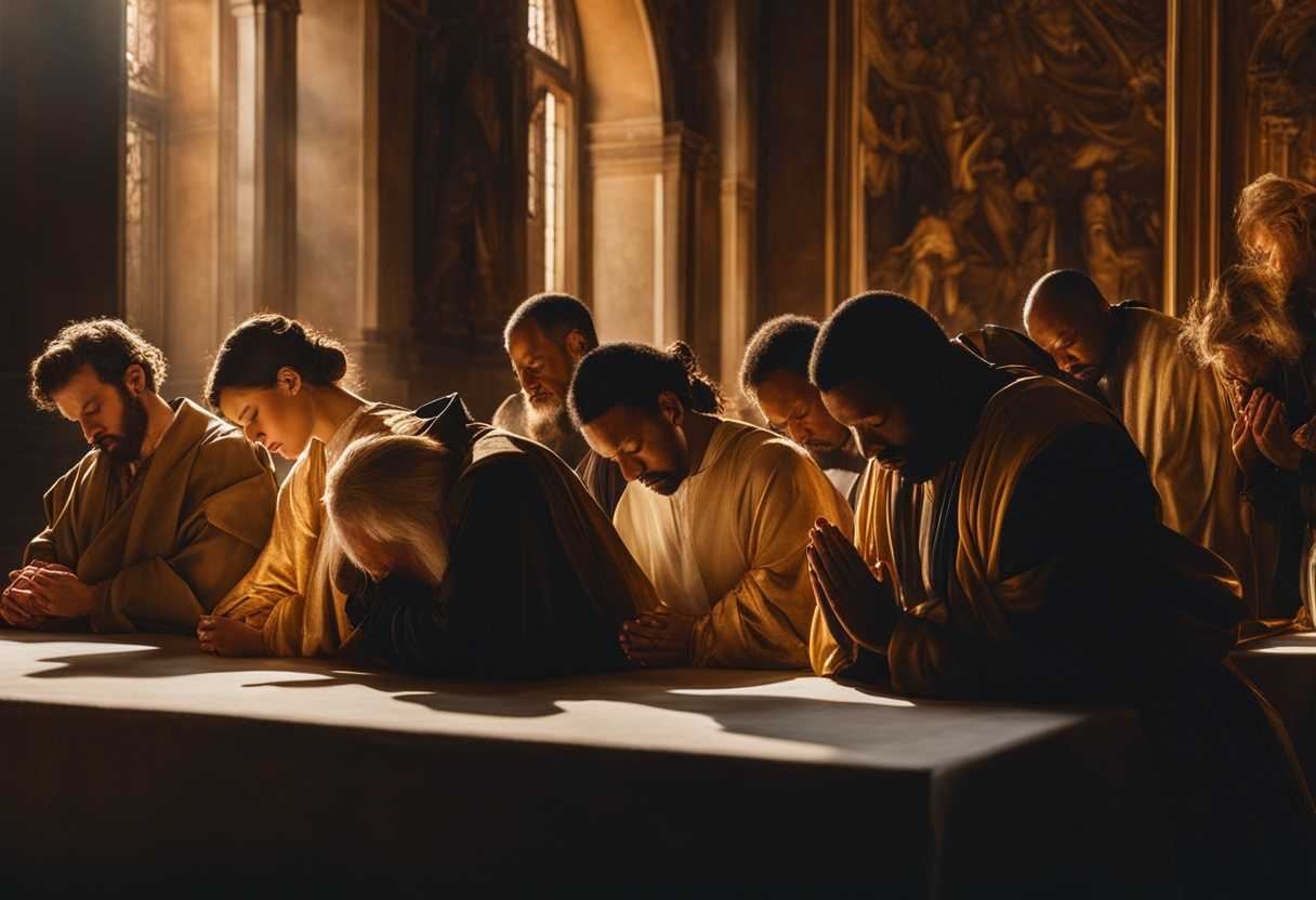 A-diverse-group-of-individuals-heads-bowed-in-prayer-bathed-in-warm-golden-light_bxgj