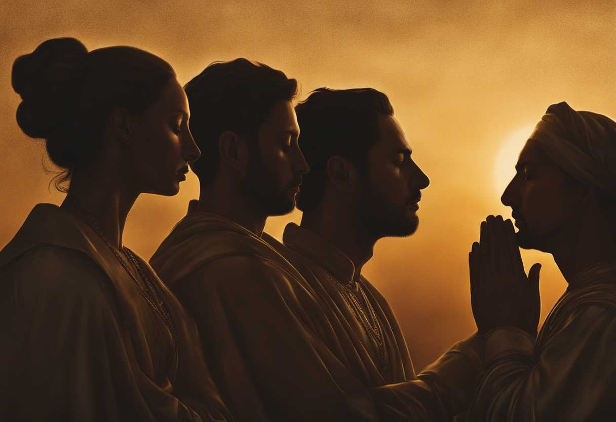 People-praying-together-at-sunset-heads-bowed-hands-clasped-faces-glowing-in-golden-light_yoos