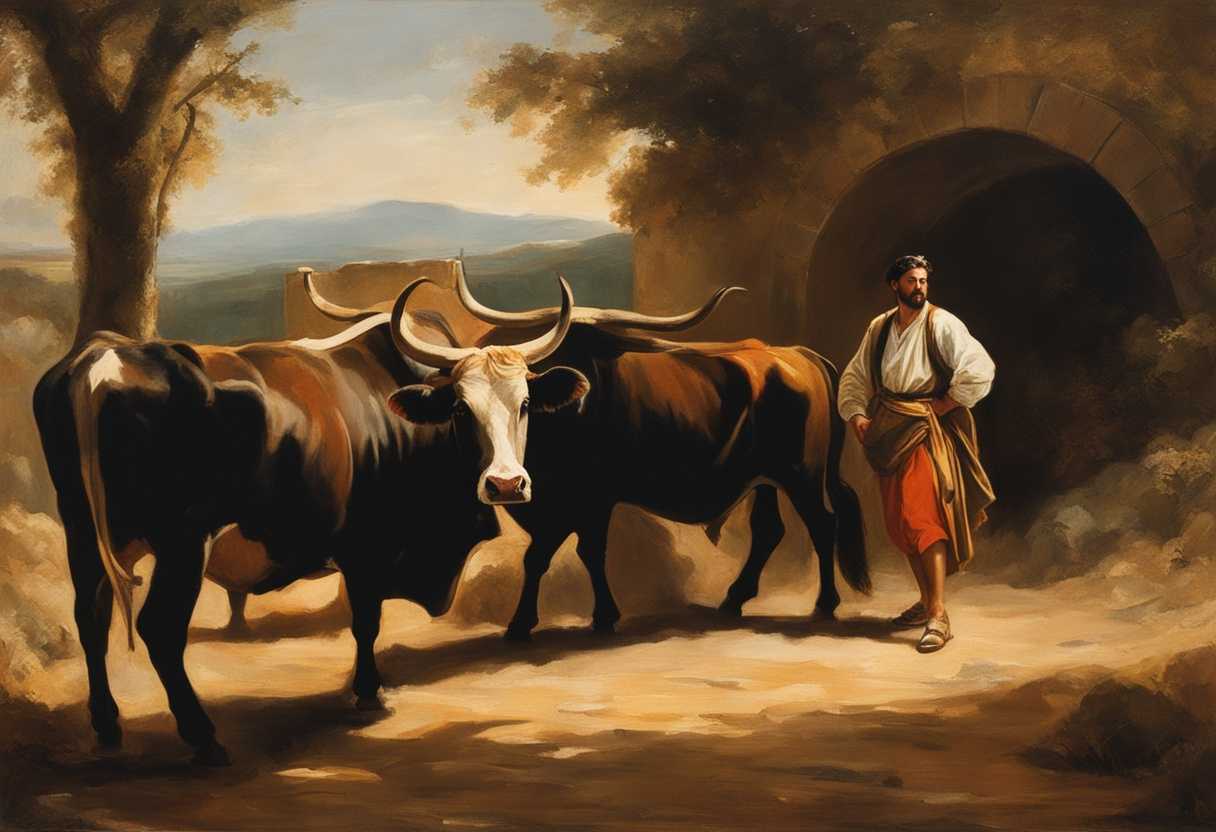 Saul-gazes-at-oxen-in-rustic-setting-showing-curiosity-and-concern-in-warm-natural-light_zqec