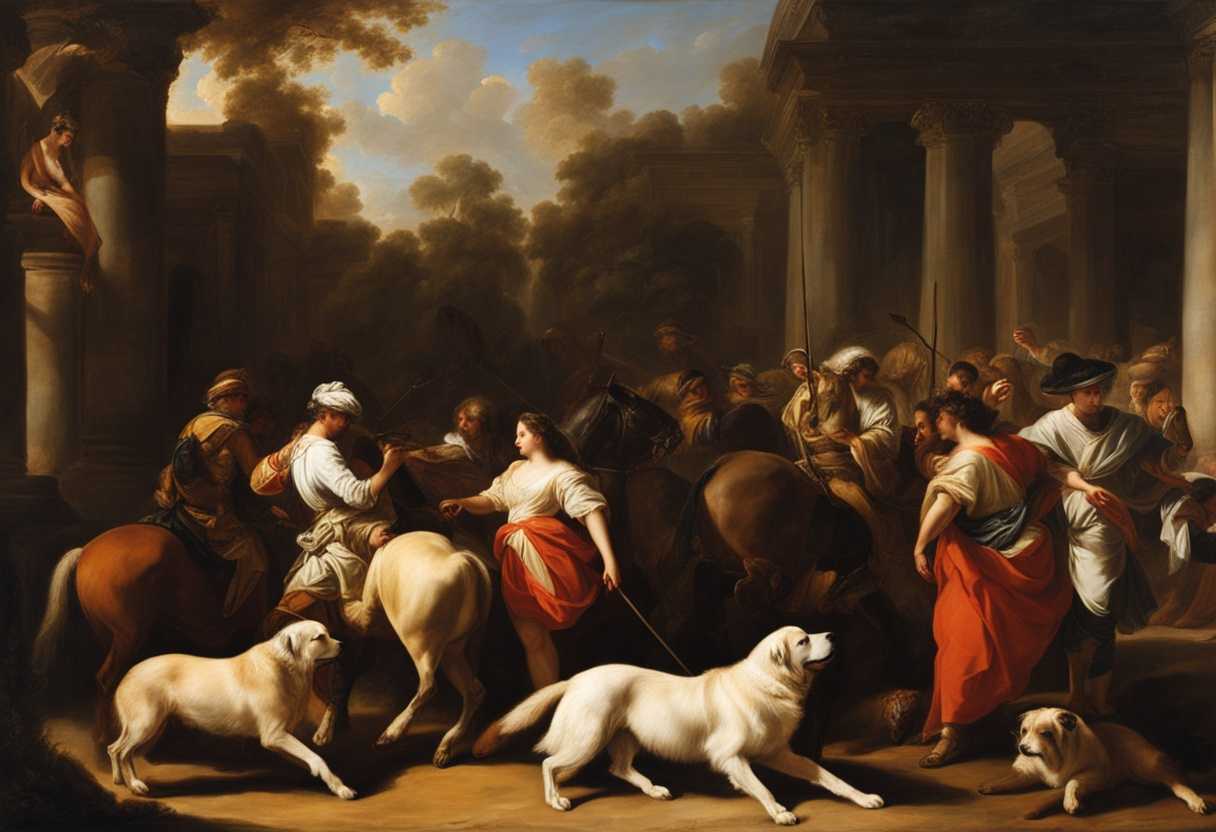 Dramatic-scene-Ancient-figures-and-animals-in-historical-attire-prepare-for-impending-action-in-sun_horw
