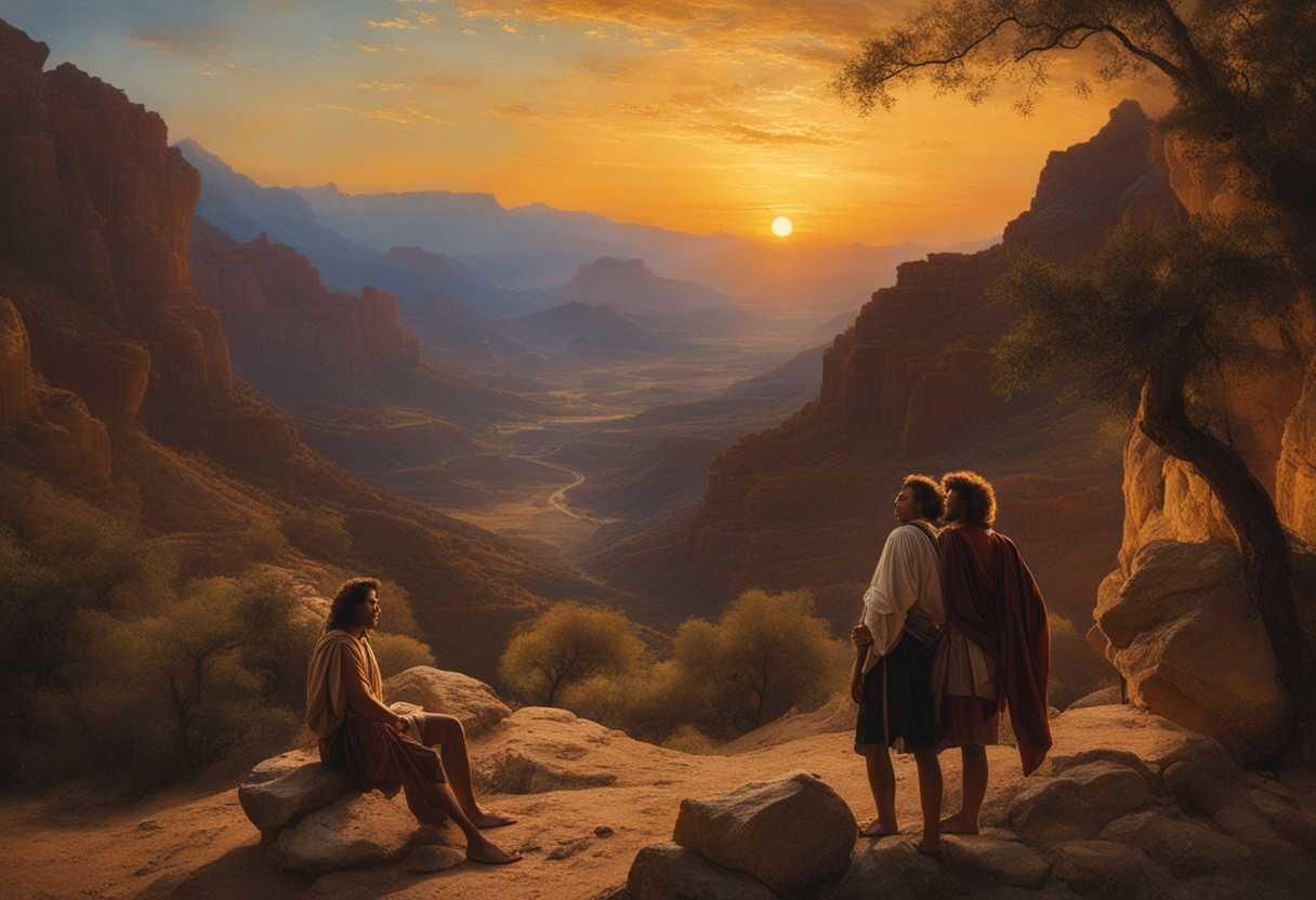 David-and-Saul-face-off-in-Engedi's-wilderness-at-sunset-surrounded-by-rugged-beauty-and-tension_tfvi