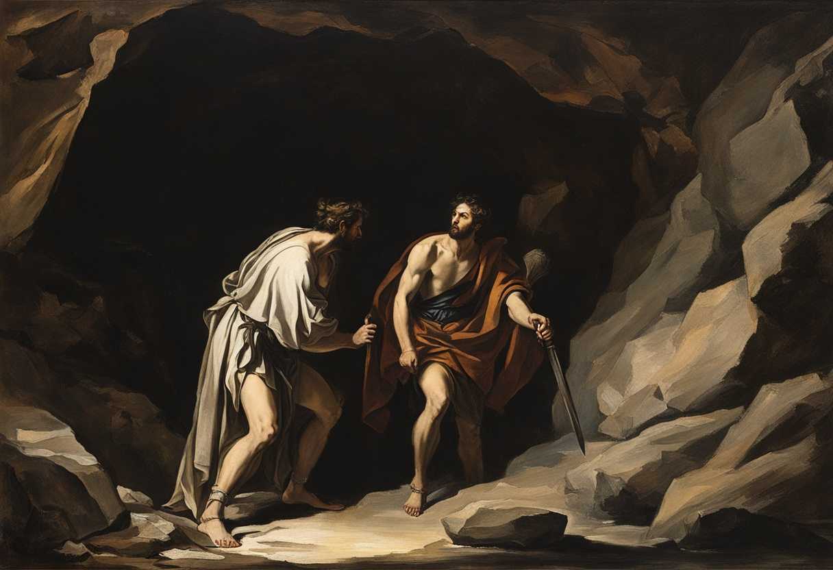 David-confronts-Saul-in-a-dimly-lit-cave-torn-between-vengeance-and-mercy_kvop