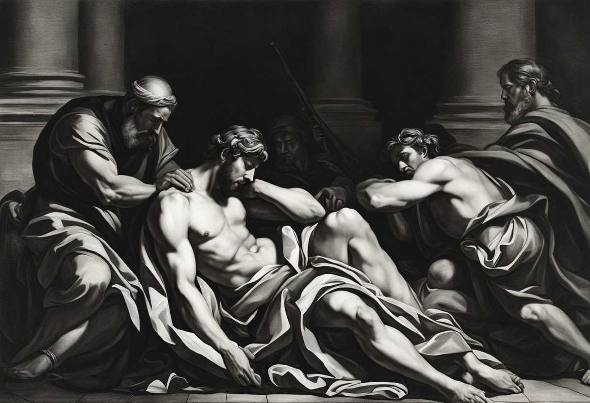 Saul-and-sons-in-dim-light-defeated-and-somber-facing-impending-doom-and-tragic-realization_arwq