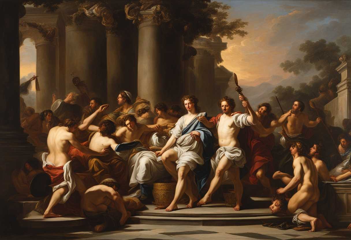 David-and-his-men-proudly-display-spoils-of-conquest-at-sunset-exuding-camaraderie-and-triumph_qmxi