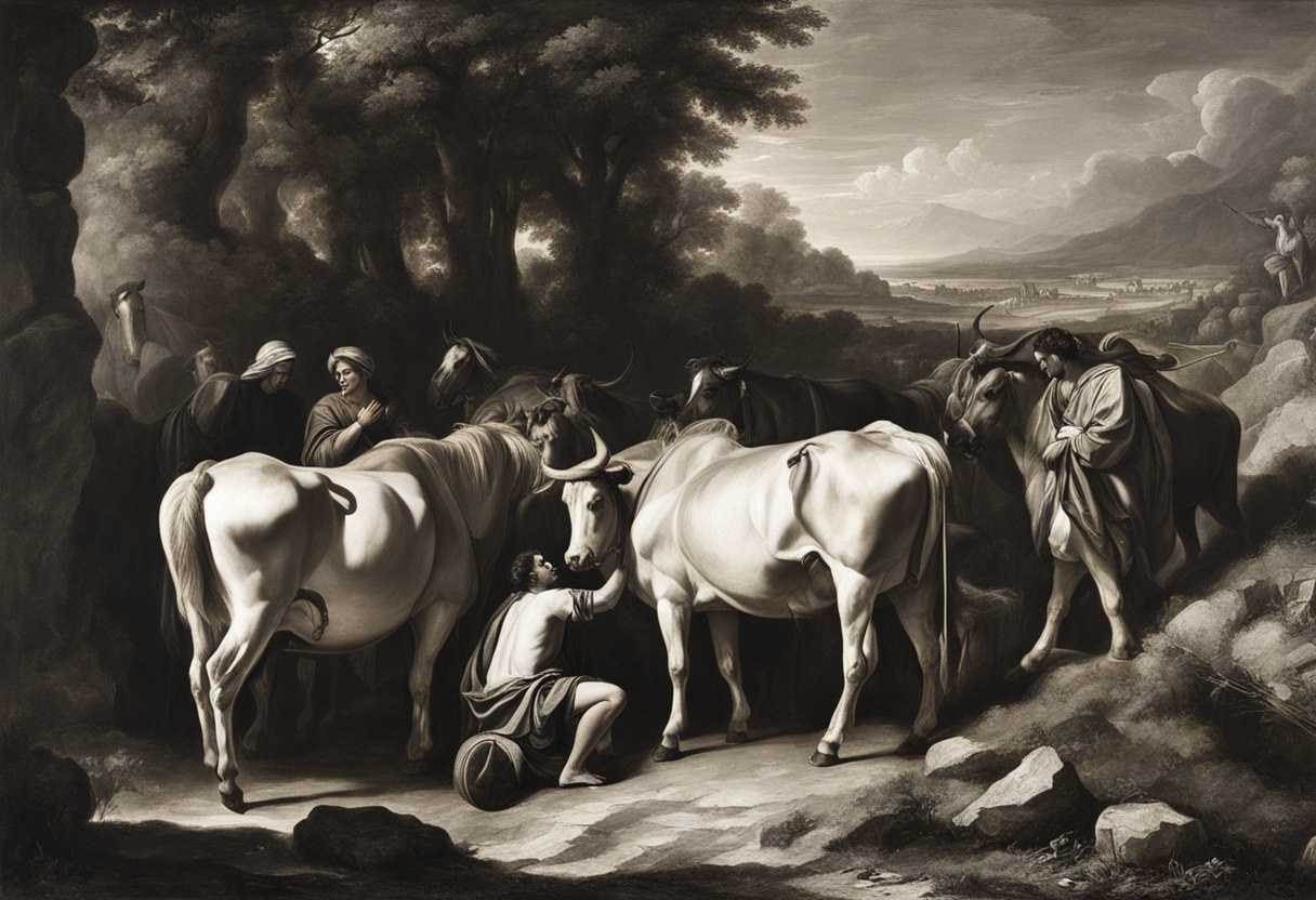Philistines-lead-sacred-cows-with-Ark-through-ancient-landscape-dramatic-lighting-solemn-expressio_pfey