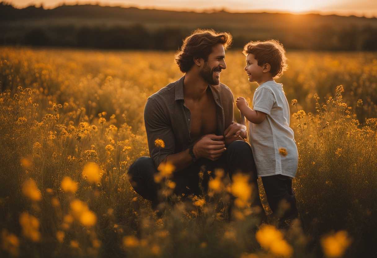 Proud-father-and-smiling-son-in-a-field-of-wildflowers-during-golden-hour_kvez
