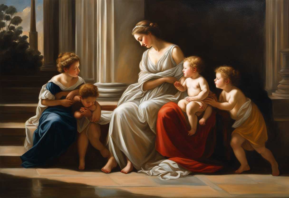 A-mother-tenderly-embraces-her-children-in-the-soft-morning-light-radiating-timeless-love_xret