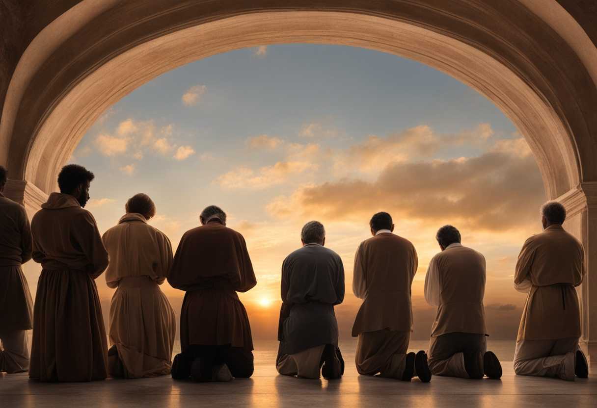 People-in-prayer-circle-at-sunset-heads-bowed-hands-clasped-showing-unity-and-vulnerability_byyr