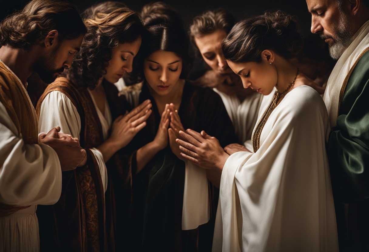 A-diverse-group-prays-together-heads-bowed-hands-clasped-bathed-in-soft-light_krgi