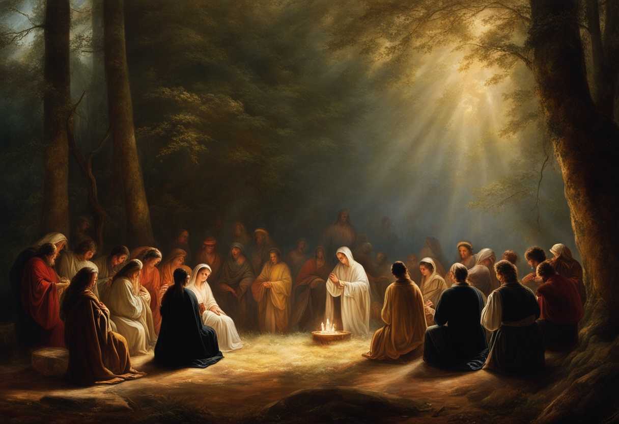 People-in-prayer-circle-under-soft-light-in-serene-forest-showing-devotion-unity-and-faith_txgh