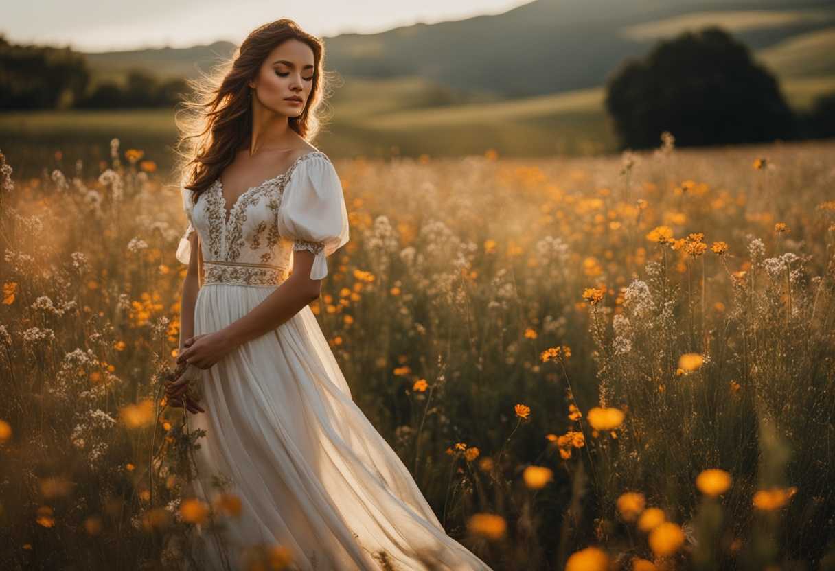 Woman-in-flowing-dress-stands-in-wildflower-field-eyes-closed-basking-in-serene-sunlight_bapa