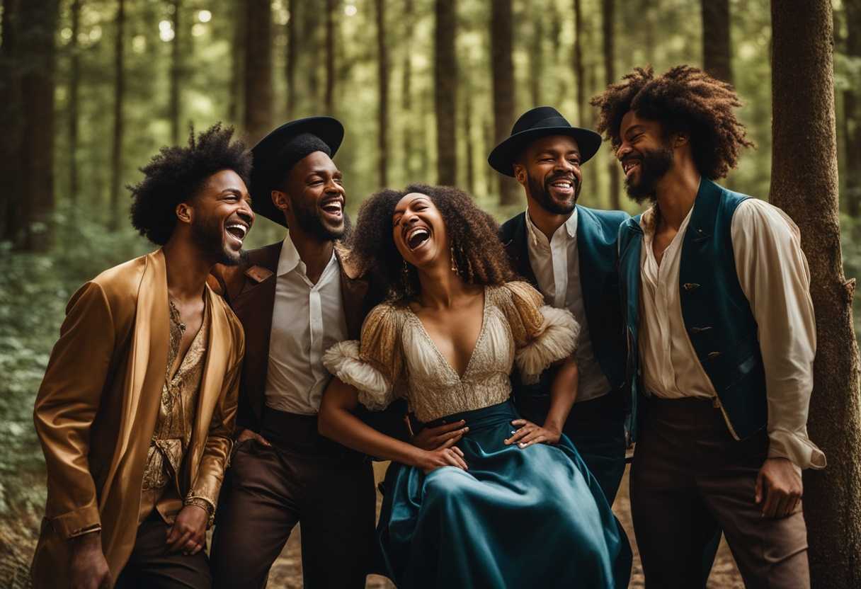 A-diverse-group-of-friends-laughing-and-posing-in-a-sunlit-forest-clearing_qjgv