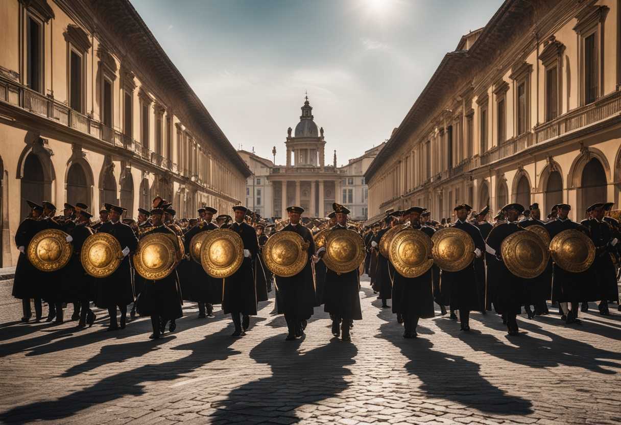 A-solemn-procession-of-guards-carrying-opulent-gold-and-humble-bronze-shields-symbolizing-power-shi_qutb